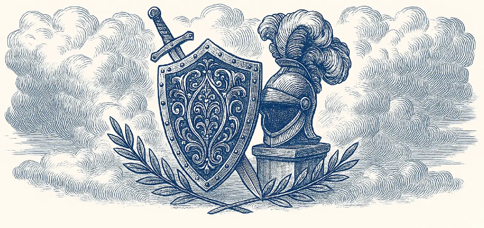 Shield, sword and helmet among clouds, engraved in blue