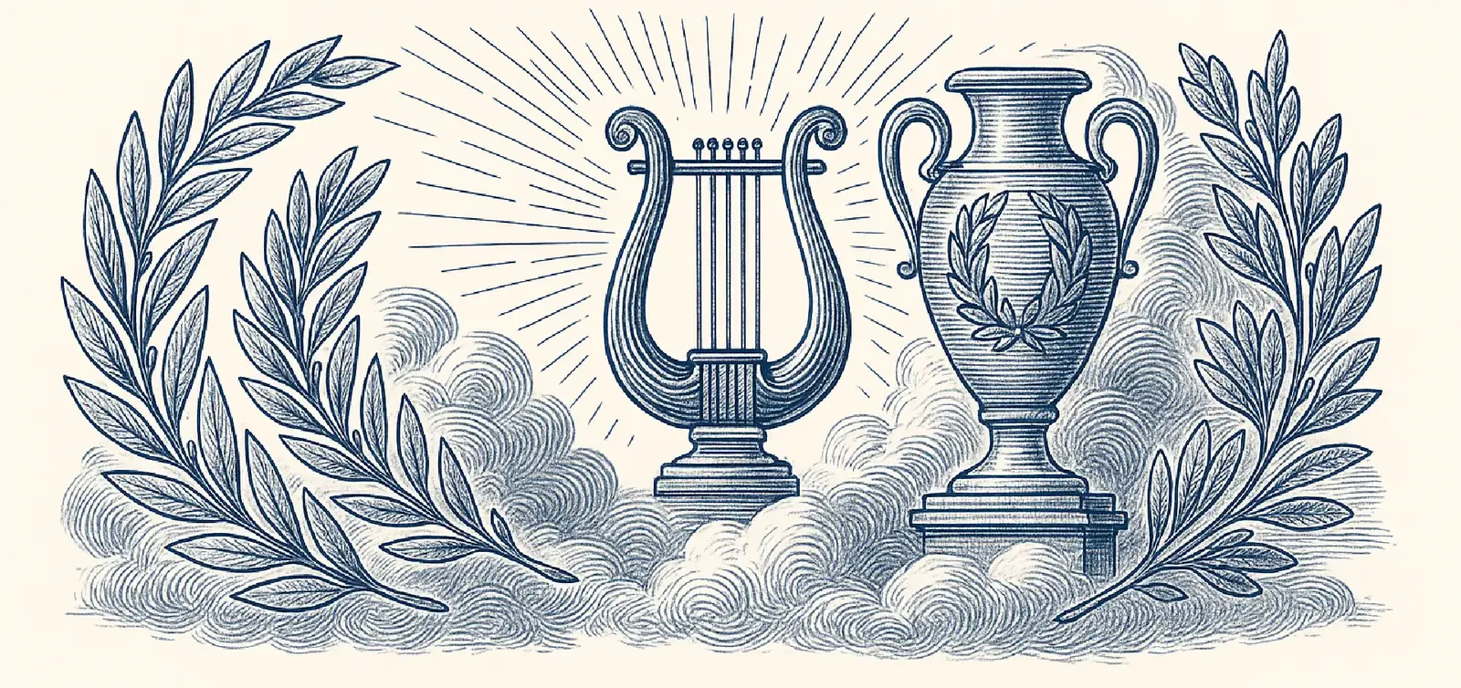 Lyre and amphora framed by laurel wreaths, engraved in blue