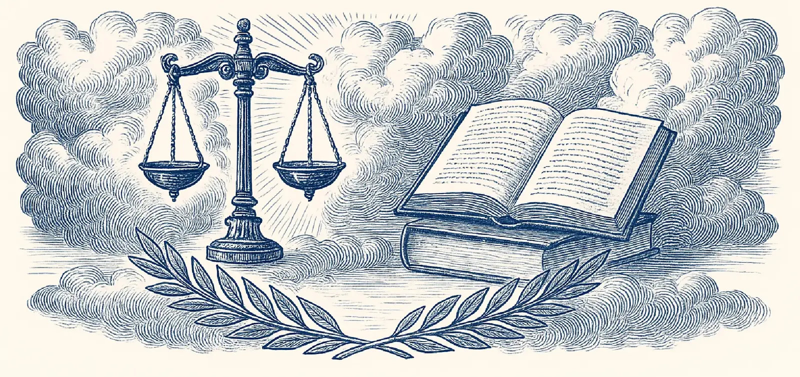 Scales of justice beside an open book, engraved in blue
