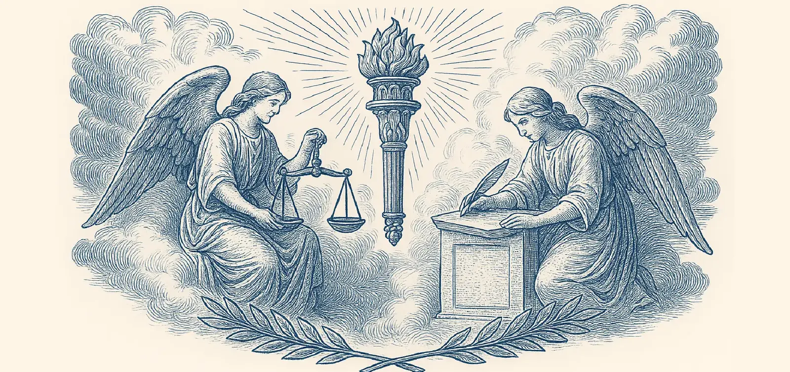 Two angels with scales and a pen on either side of a burning torch, engraved in blue
