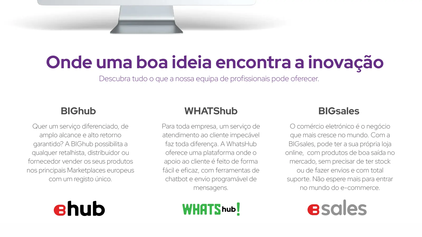 BIGagency ecosystem slide with BIGhub, WHATShub and BIGsales logos
