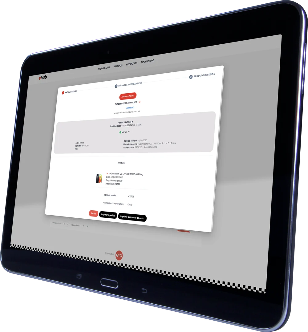 BIGhub platform order screen on a tablet