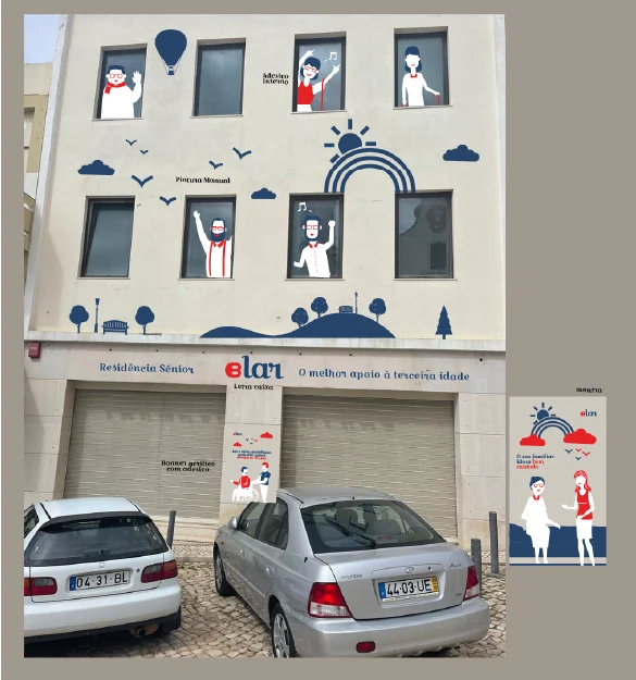 BIGlar building facade with window graphics and a banner