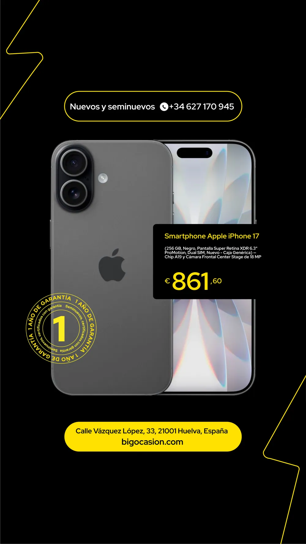 BIGocasion ad: Apple iPhone on black with yellow lightning line