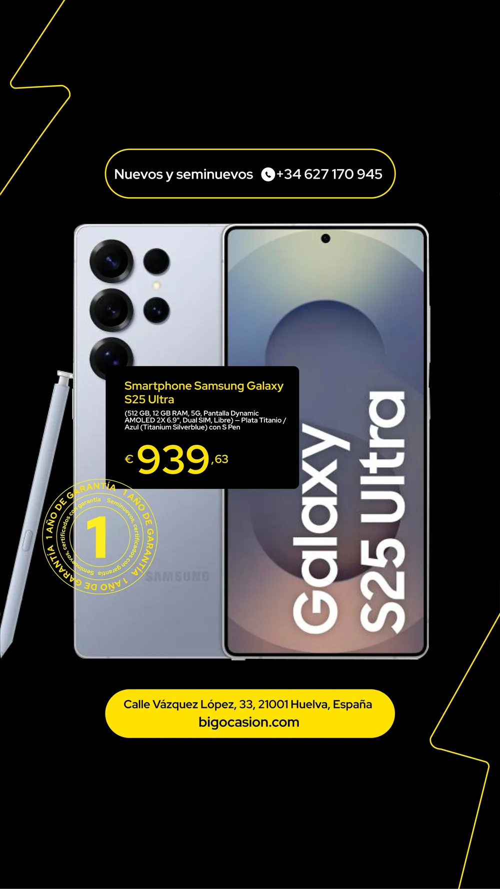 BIGocasion ad: Samsung Galaxy S25 Ultra on black with yellow lightning line
