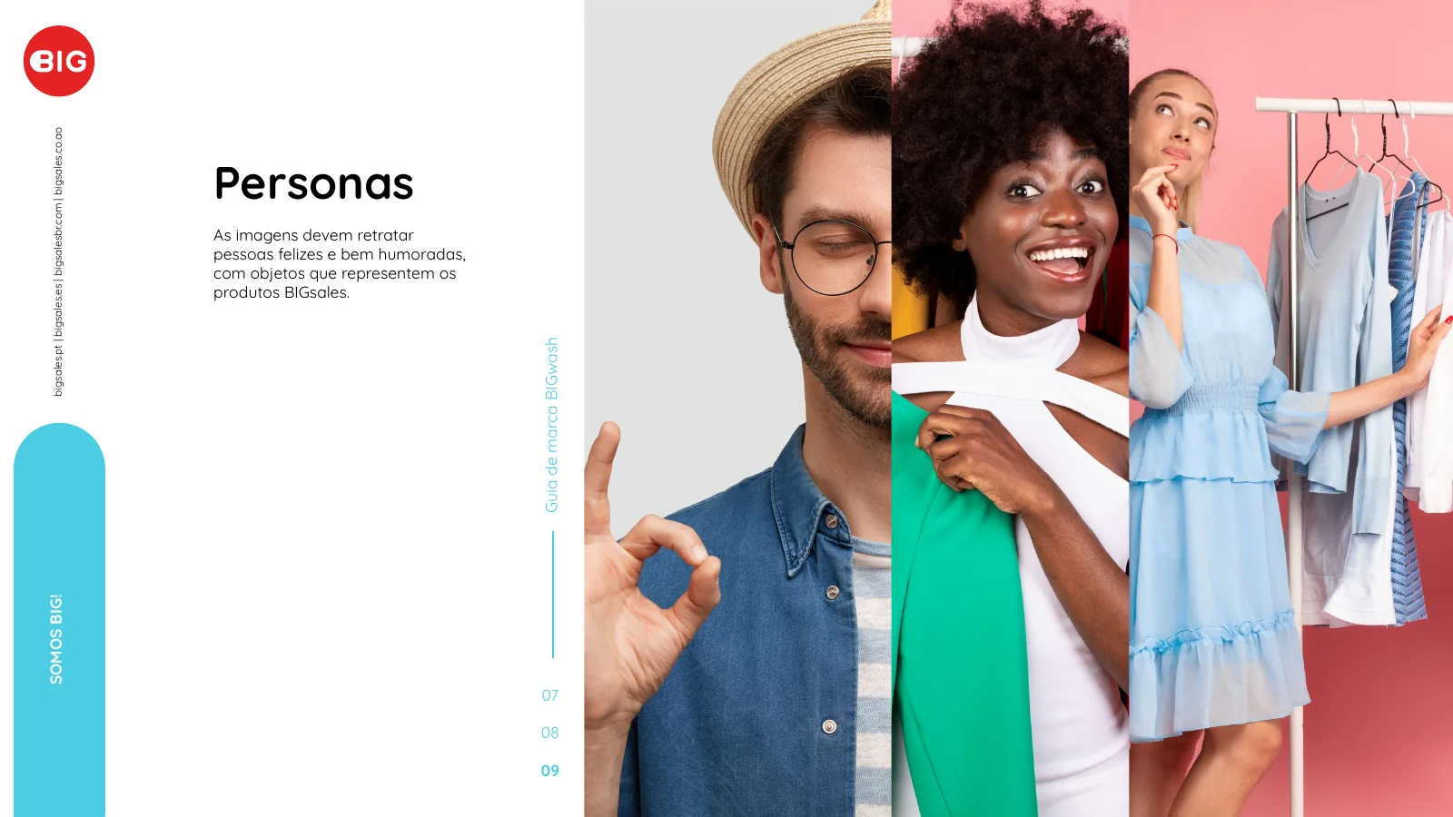 BIGwash brand guide, personas: three smiling people in colourful clothes