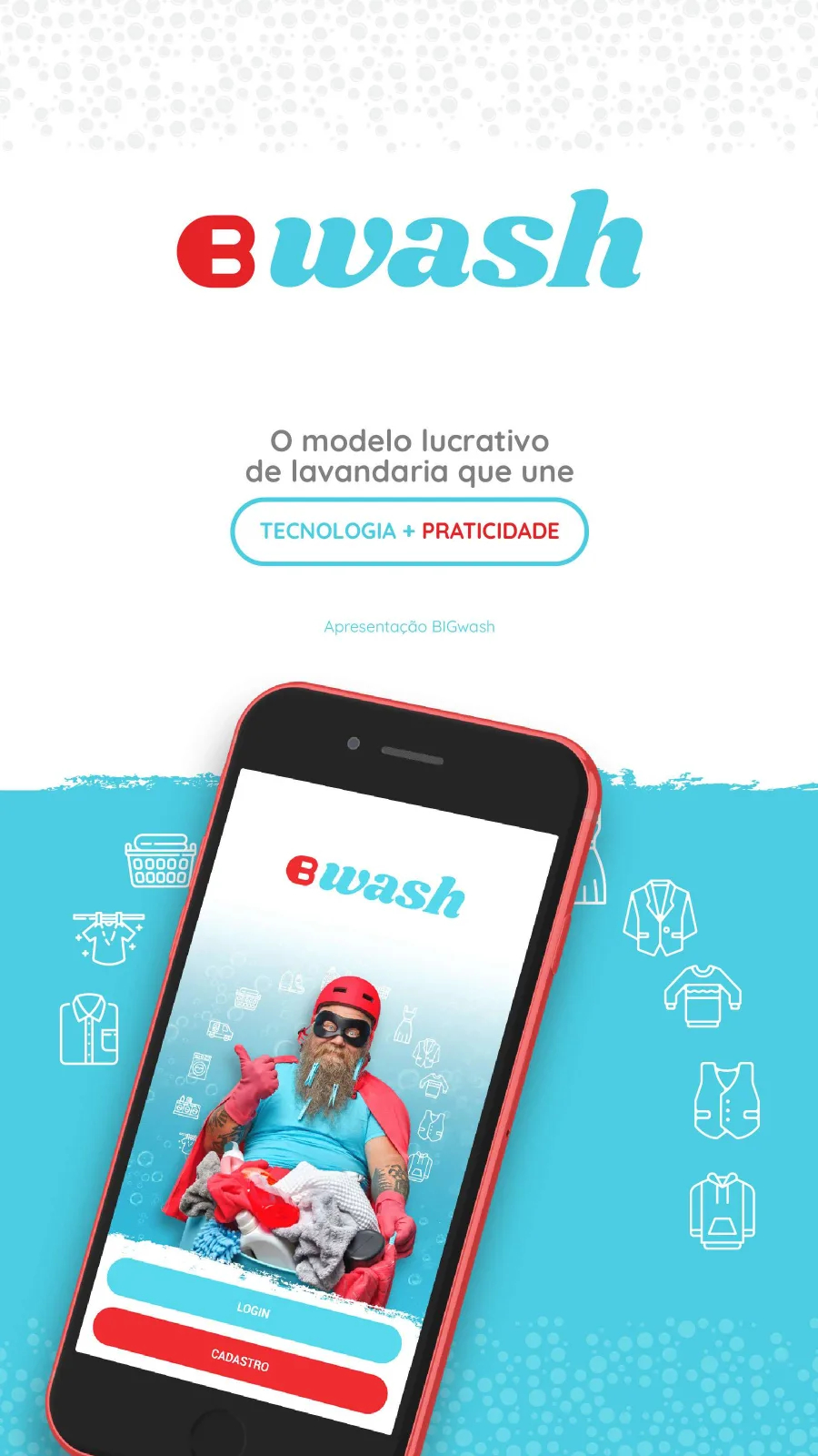 BIGwash app on a phone with the superhero mascot