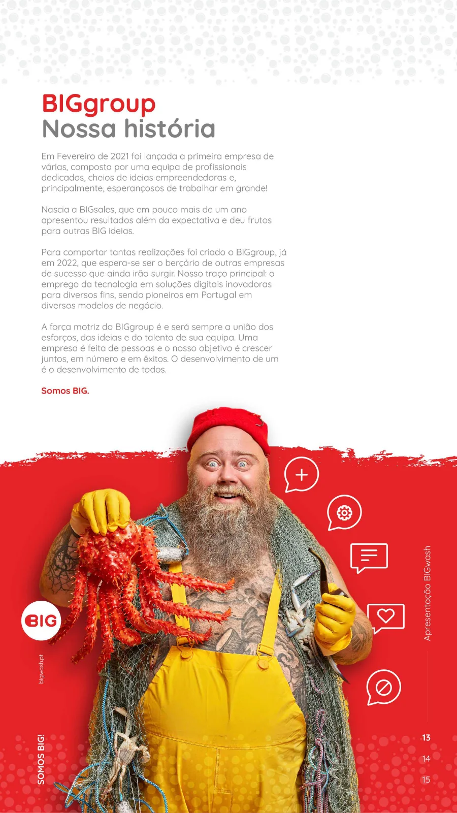 Bearded man in yellow overalls holding a red crab, BIGgroup story page
