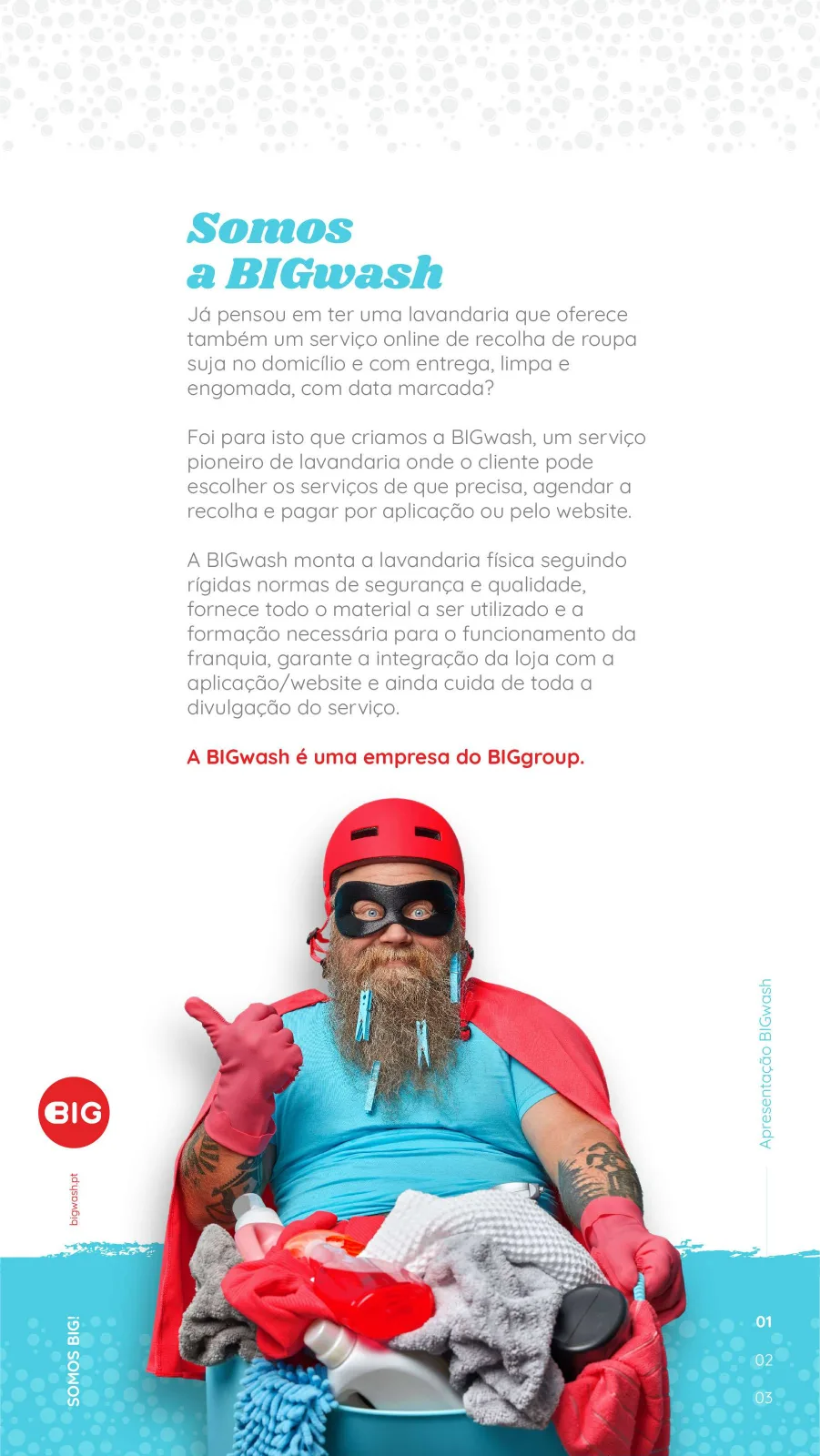 BIGwash superhero mascot with red helmet and cape holding laundry