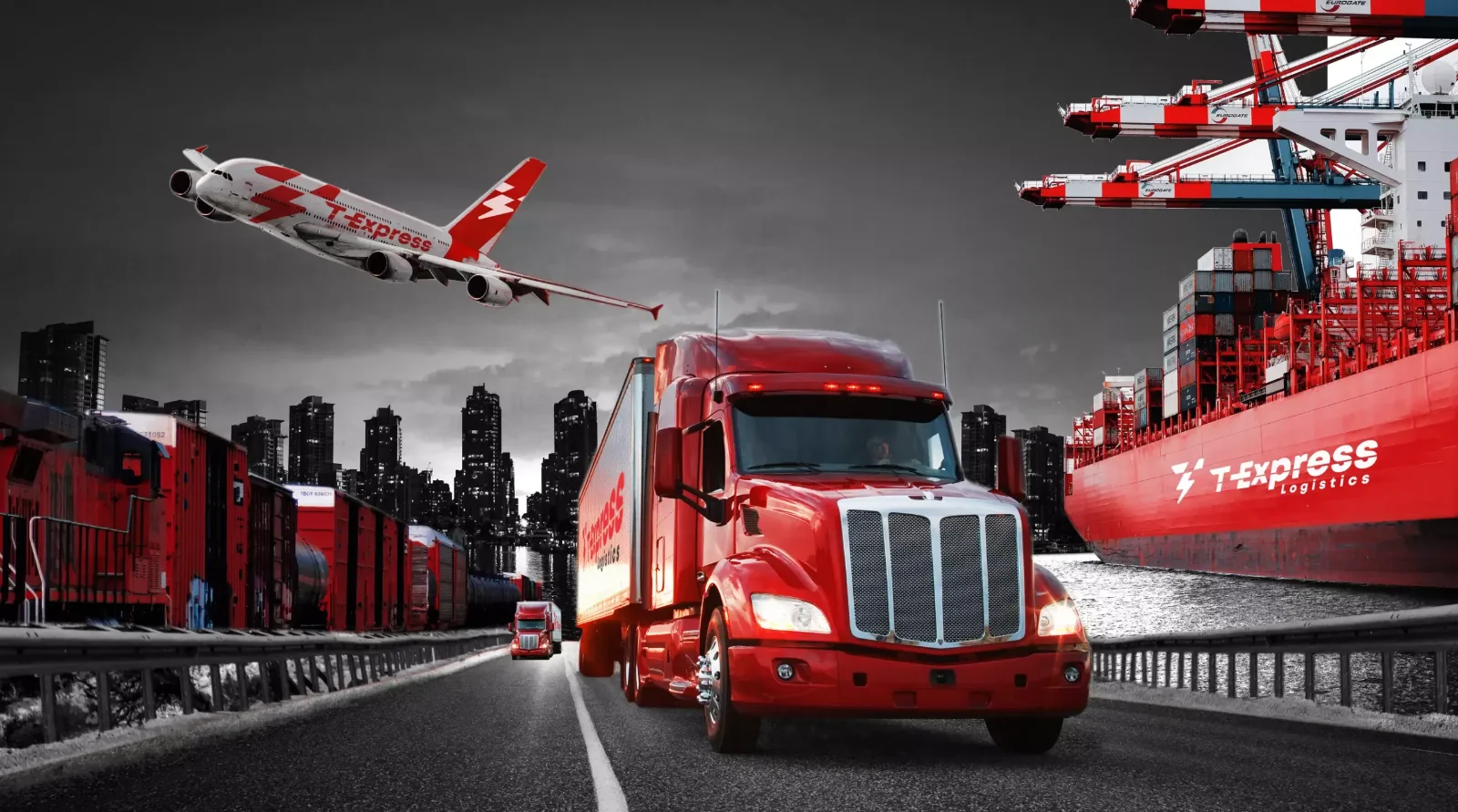 T-Express truck, plane and ship at a port