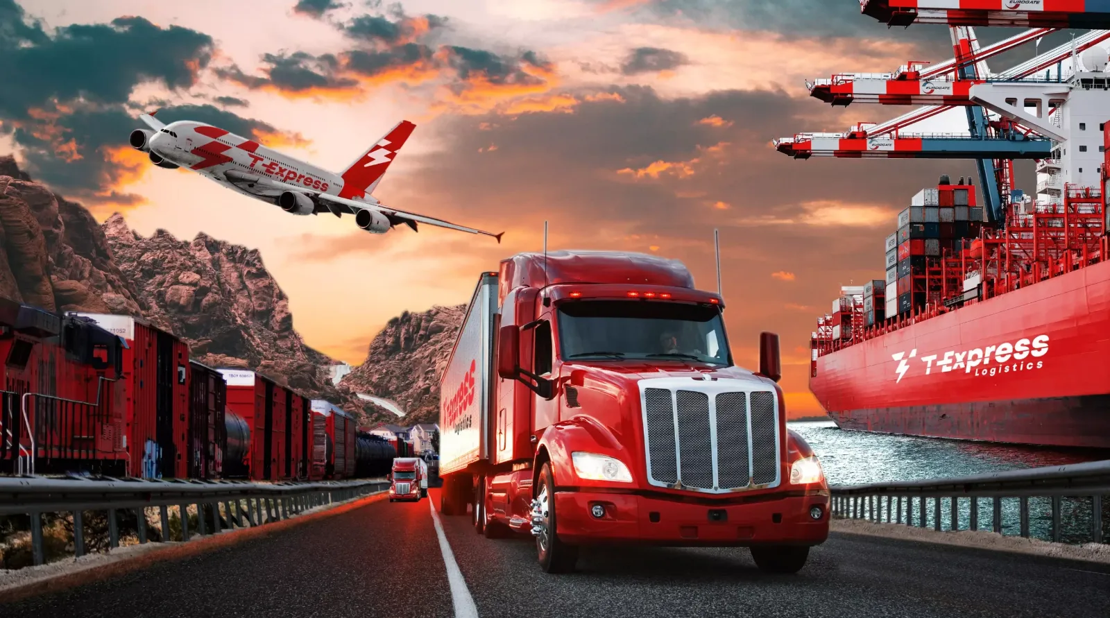 T-Express truck, plane and ship in a dramatic landscape