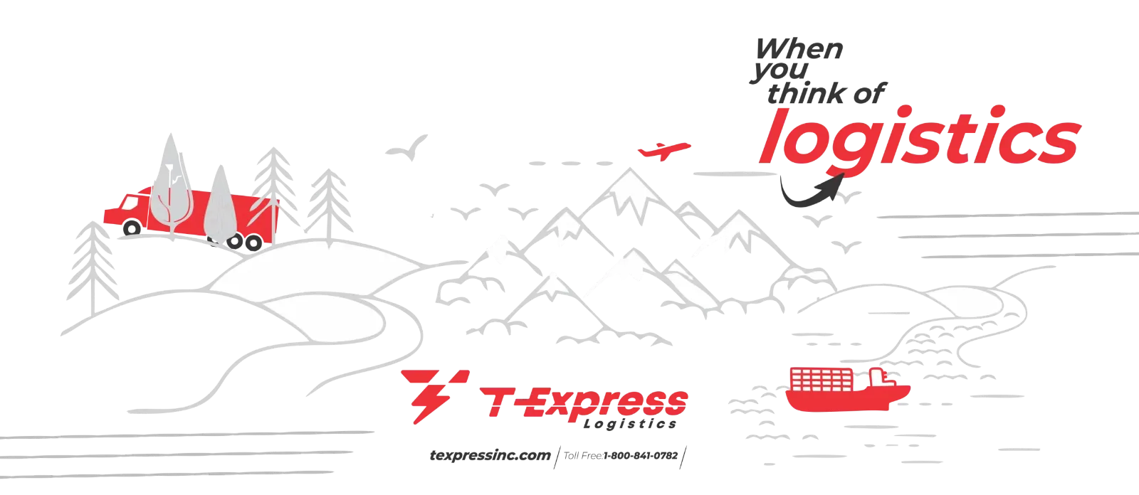 Line-art illustration of trucks, a ship and a plane with the slogan