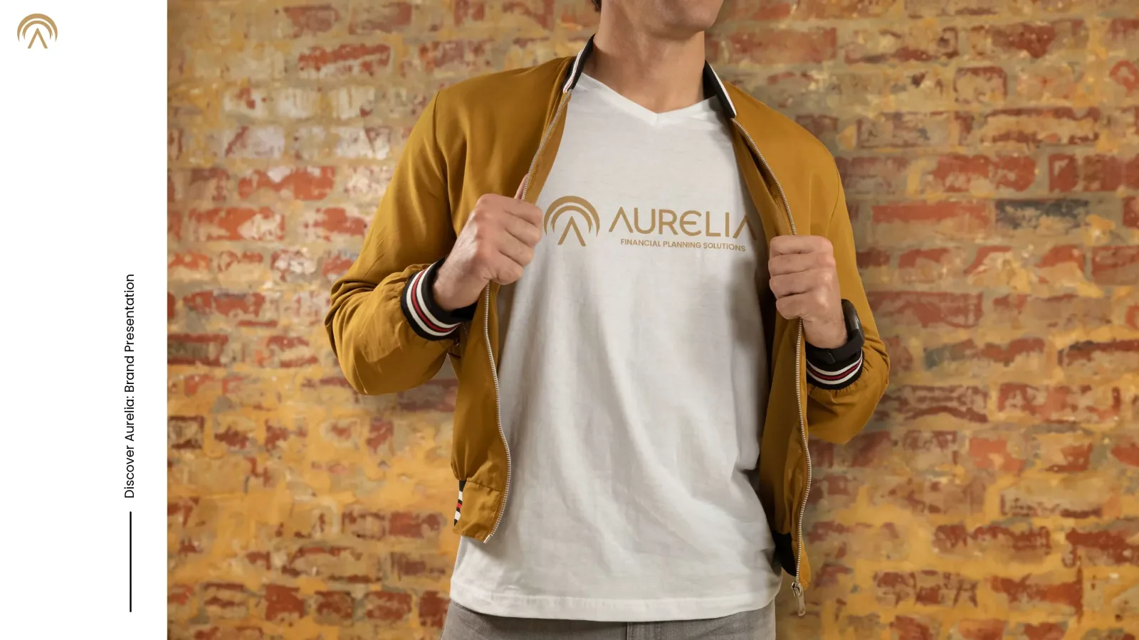 Man in a white T-shirt printed with the Aurelia logo