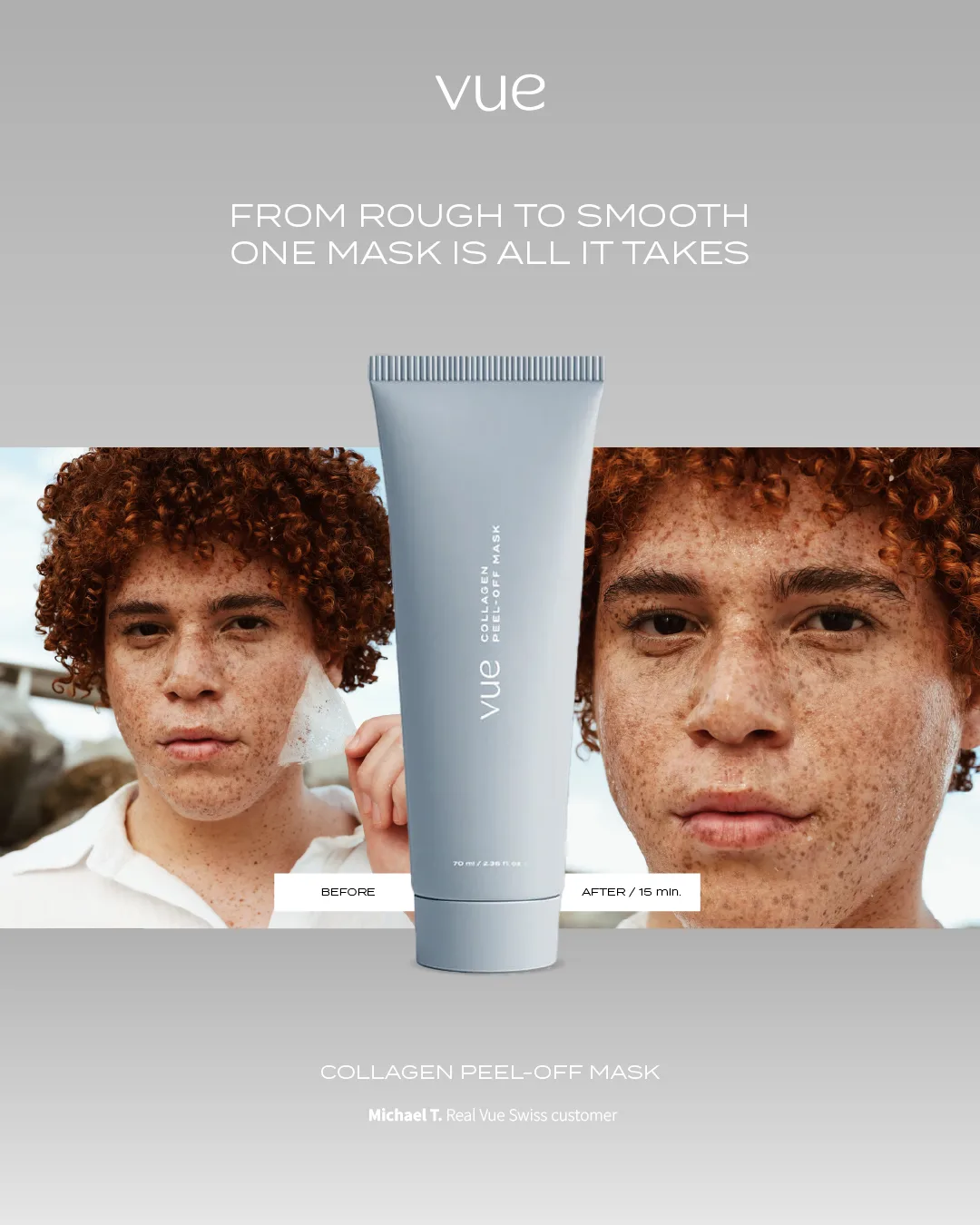 VUE collagen peel-off mask ad: From rough to smooth, one mask is all it takes, two customers before and after