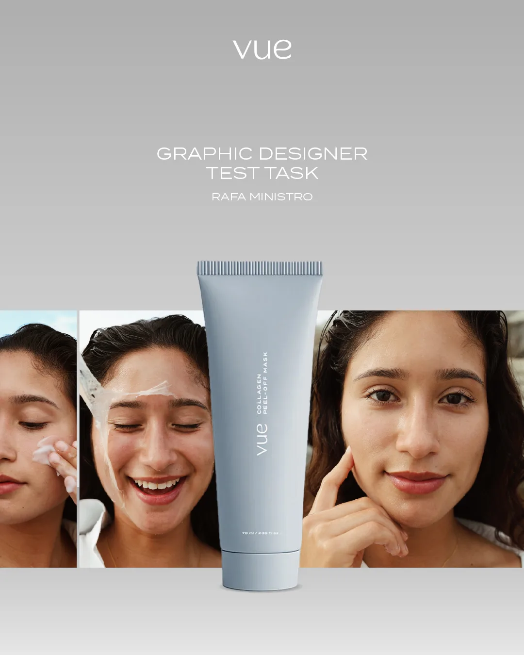 VUE collagen peel-off mask ad with three customer portraits around the product tube