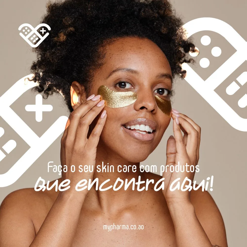 MyPharma social post about skin care, with a woman wearing golden eye patches