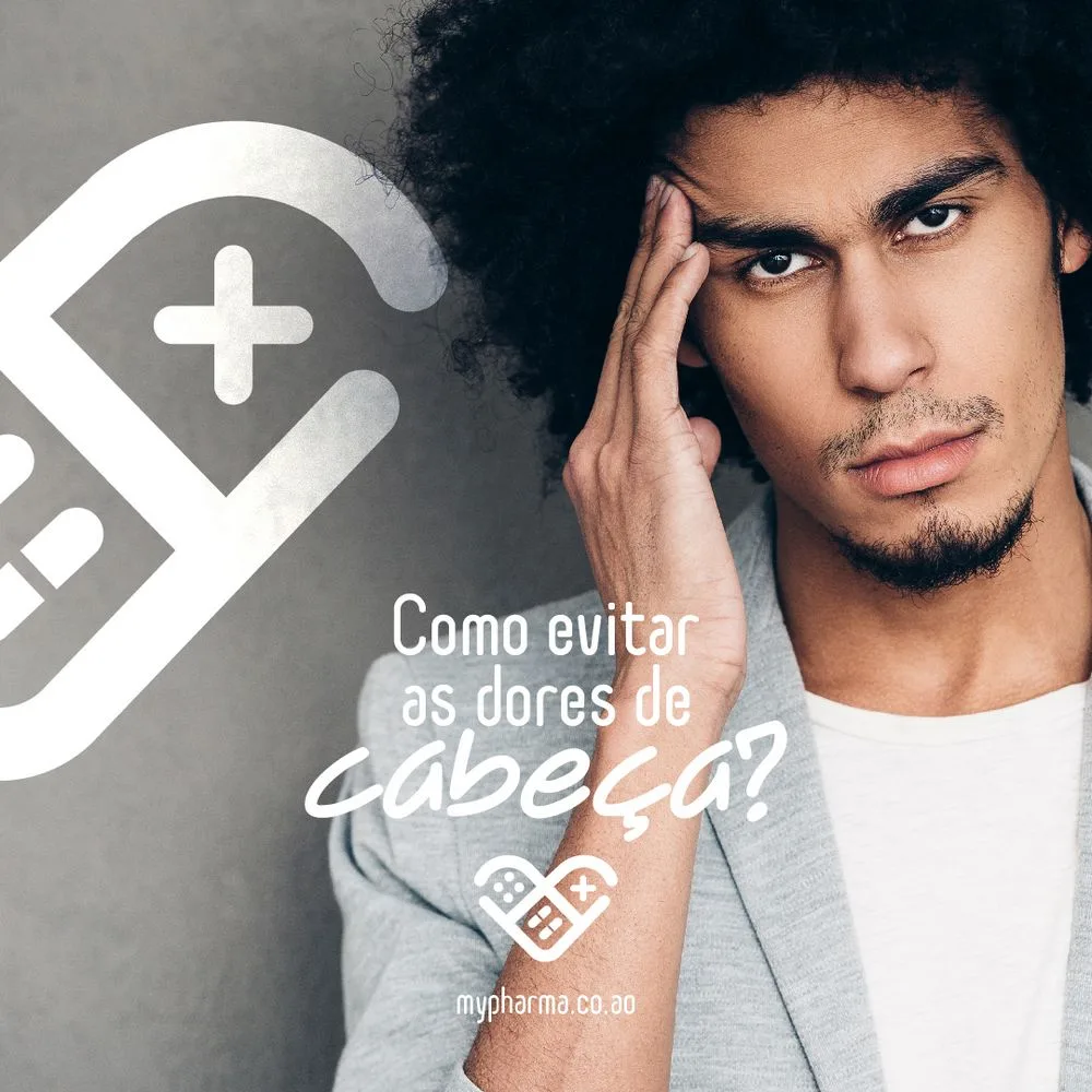 MyPharma social post about headaches, with a man touching his forehead