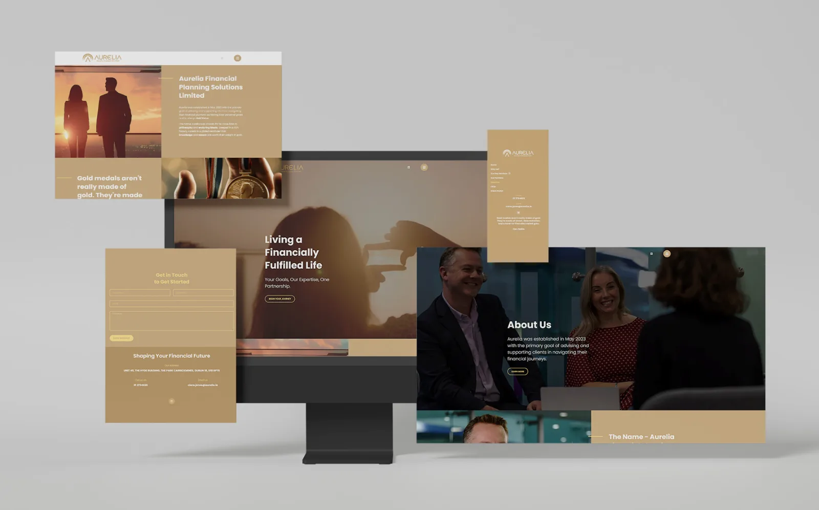 Aurelia website mockup shown on desktop, tablet and phone screens
