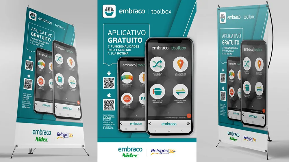 Embraco Toolbox roll-up banners and phone app screens