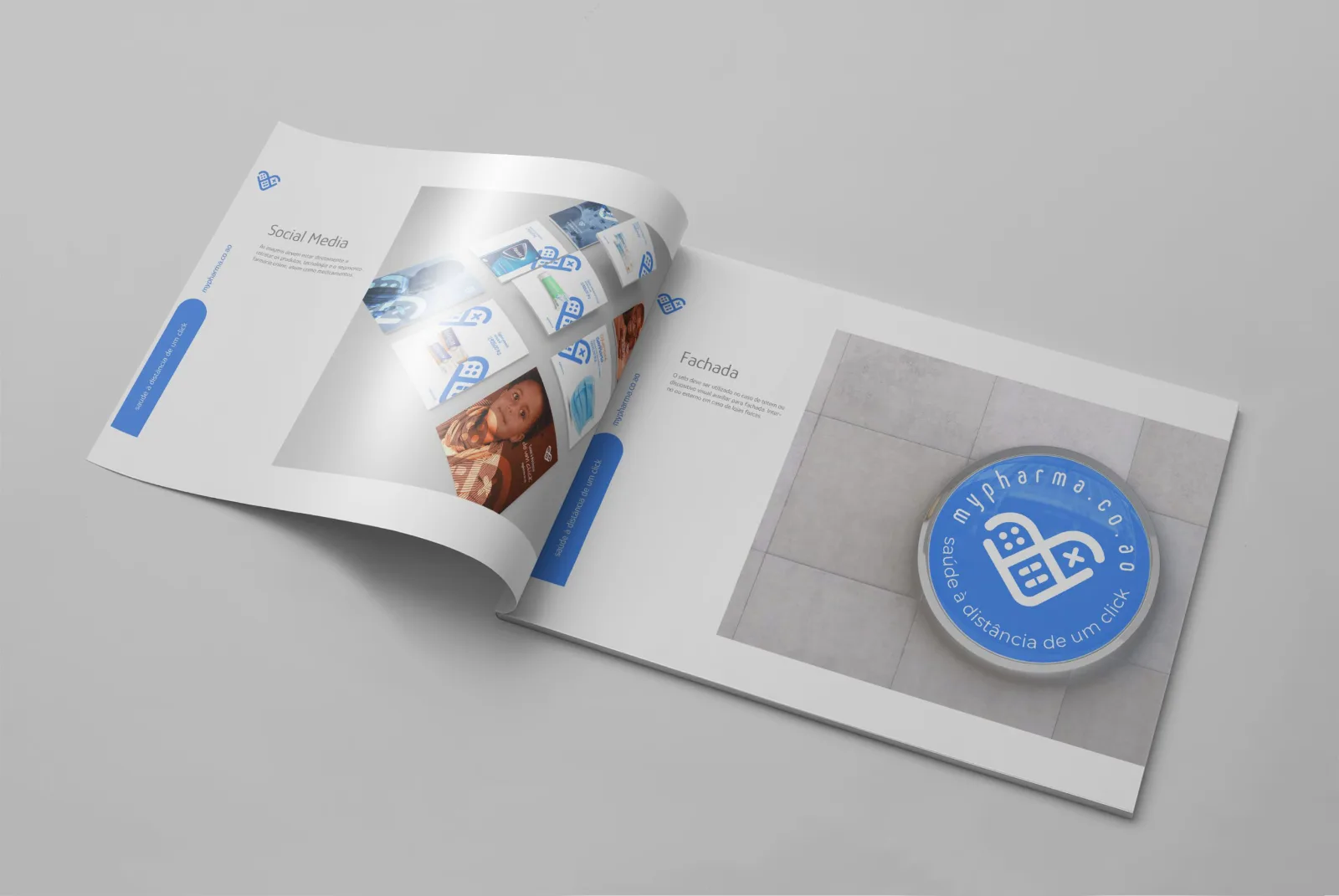 MyPharma brand guide booklet open, showing the social media and facade pages
