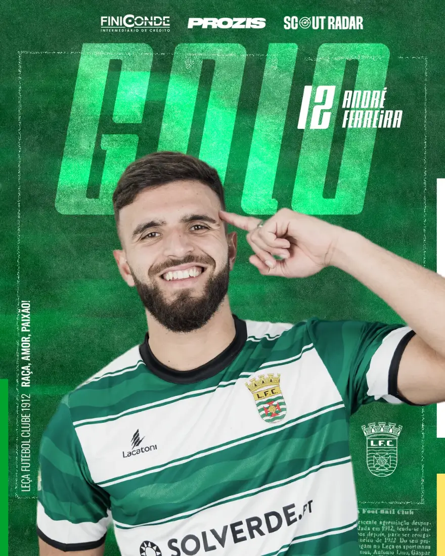 Goal card for André Ferreira, number 12, pointing to his head and smiling