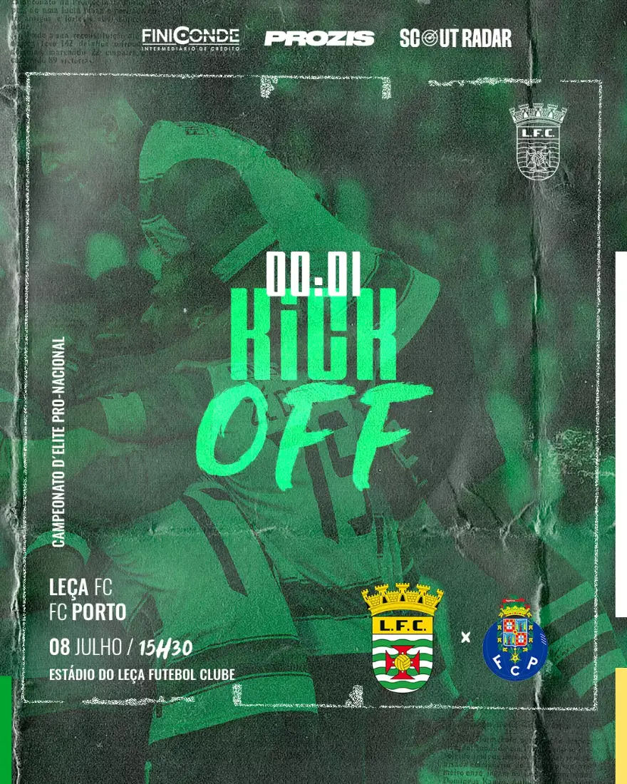 Kick-off card with a 00:01 timer and the Leça FC and FC Porto crests